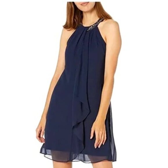 NWT SLNY Jewel Embellished Halter Mini Formal Dress in Navy Chiffon SZ 8 - Picture 1 of 8